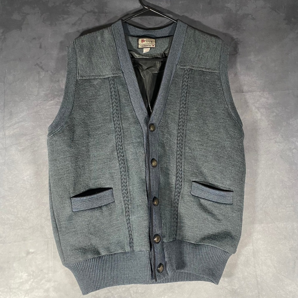 Tingtianbird Mens Gray Cable Knit Button Front Lined Sweater Vest Medium